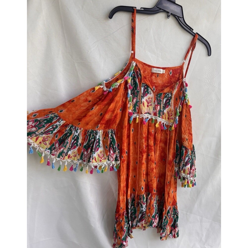 Velzera orange bohemian off-shoulder tunic dress size Small